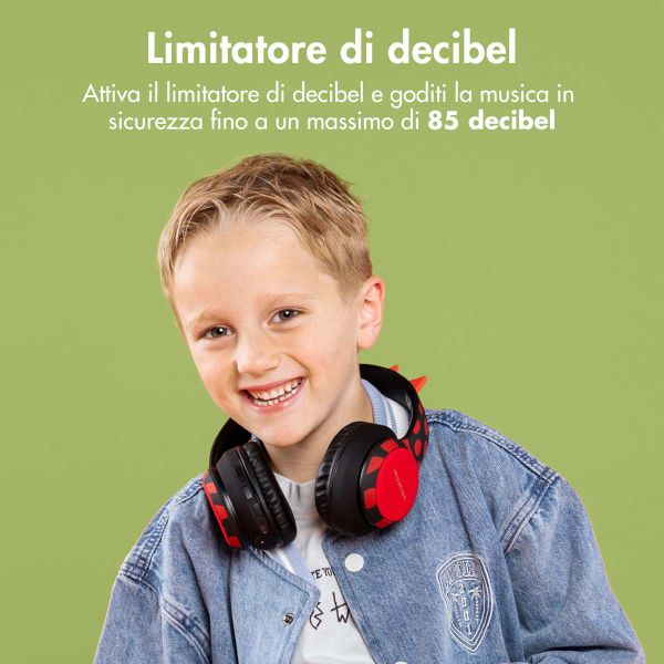 imoshion Cuffie wireless per bambini Dino LED Light - Limitatore di decibel - Con cavo AUX - Black / Red