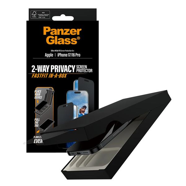 PanzerGlass Vetro temperato privacy Ultra Wide Fit FastFit in-a-box Apple iPhone 17 / 16 Pro