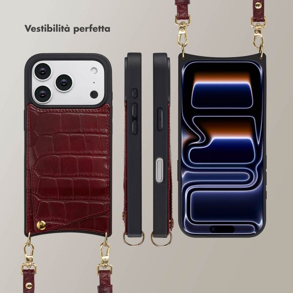 Selencia Cover per telefono Nova Croco con cordino e portacarte Apple iPhone 17 Pro - Burgundy