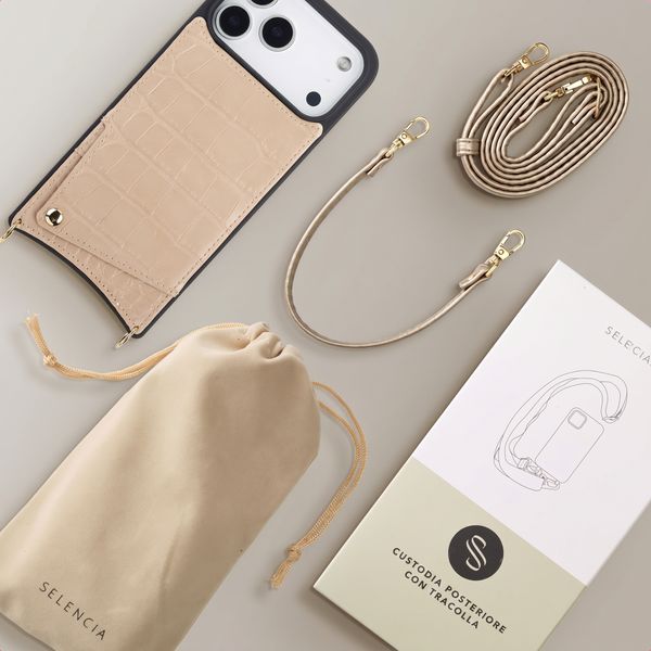 Selencia Cover per telefono Nova Croco con cordino e portacarte Apple iPhone 18 Pro / 17 Pro - Beige