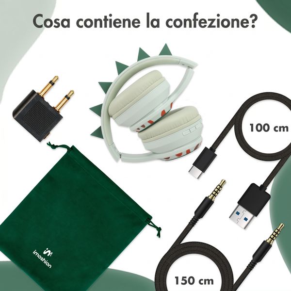 imoshion Cuffie Bluetooth Kids Dino - Cuffie per bambini con limitatore di decibel - Cuffie wireless + cavo AUX - Brown / Orange