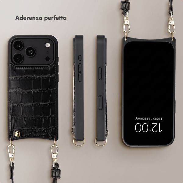Selencia Cover per telefono Nova Croco con cordino e portacarte Apple iPhone 18 Pro / 17 Pro - Nero