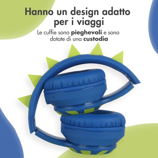 imoshion Cuffie wireless per bambini Dino LED Light - Limitatore di decibel - Con cavo AUX - Cobalt Blue / Lime