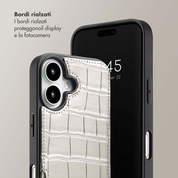 Selencia Cover per telefono Nova Croco con cordino e portacarte Apple iPhone 16 - Argento