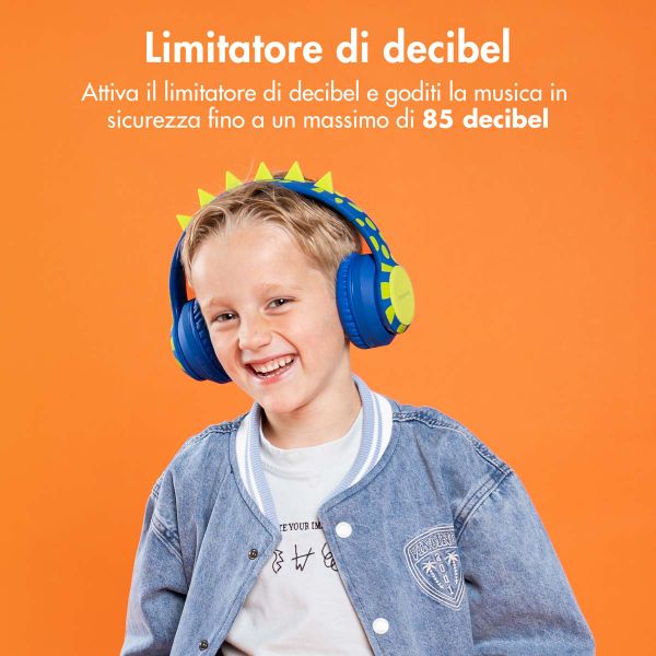 imoshion Cuffie wireless per bambini Dino LED Light - Limitatore di decibel - Con cavo AUX - Cobalt Blue / Lime