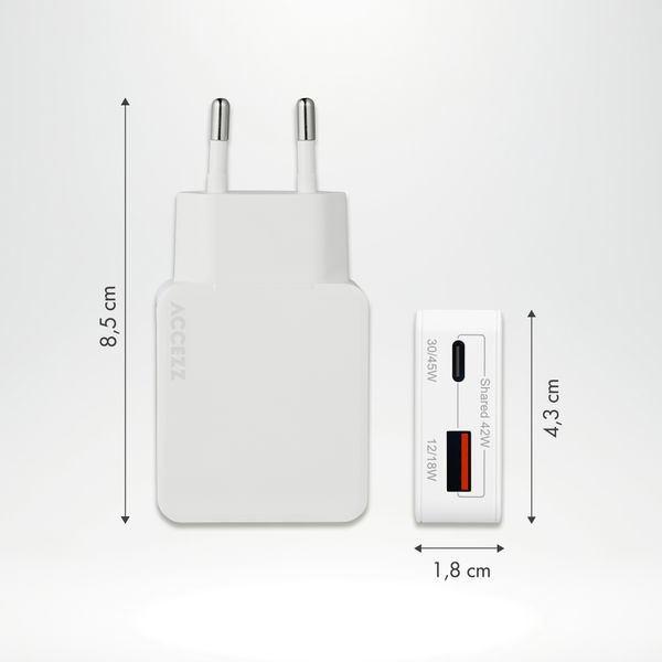 Accezz Caricabatterie GaN Ultra Slim - USB-C + USB-A - 45 W - Bianco