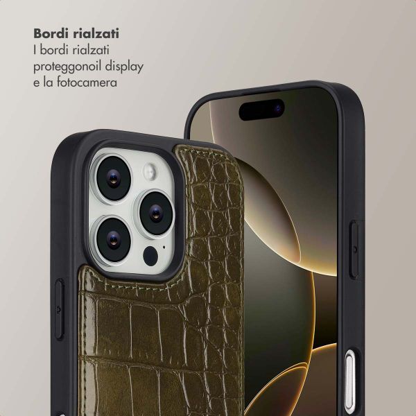 Selencia Cover per telefono Nova Croco con cordino e portacarte Apple iPhone 16 Pro - Dark Olive
