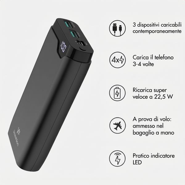 imoshion Powerbank da 20.000 mAh - Caricabatterie rapido da 22,5 W - USB-C / USB-A - Nero