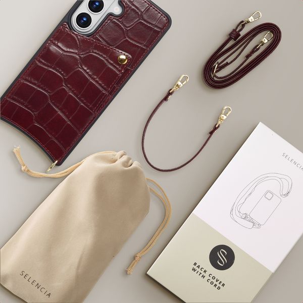 Selencia Cover per telefono Nova Croco con cordino e portacarte Samsung Galaxy S26 - Burgundy