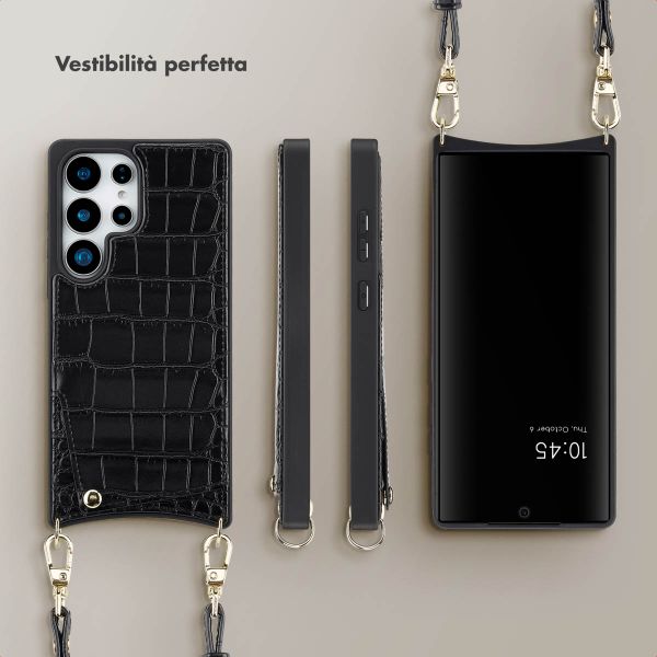 Selencia Cover per telefono Nova Croco con cordino e portacarte Samsung Galaxy S25 Ultra - Nero
