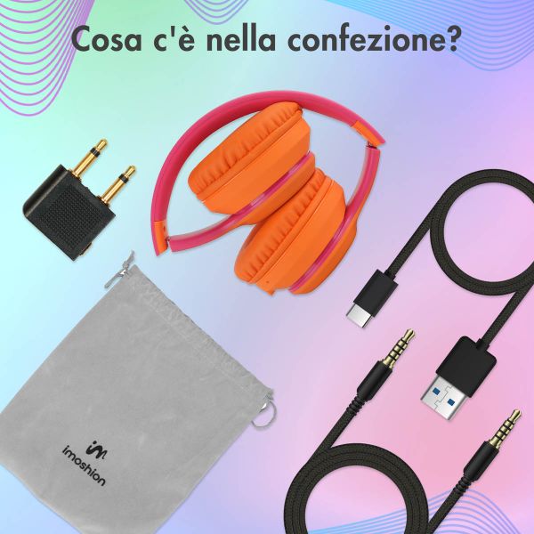 imoshion Cuffie wireless per bambini con LED Light - Limitatore di decibel - Con cavo AUX - Hot Pink / Apricot Orange Crush