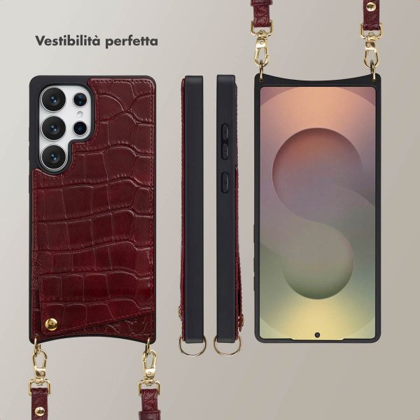 Selencia Cover per telefono Nova Croco con cordino e portacarte Samsung Galaxy S25 Ultra - Burgundy