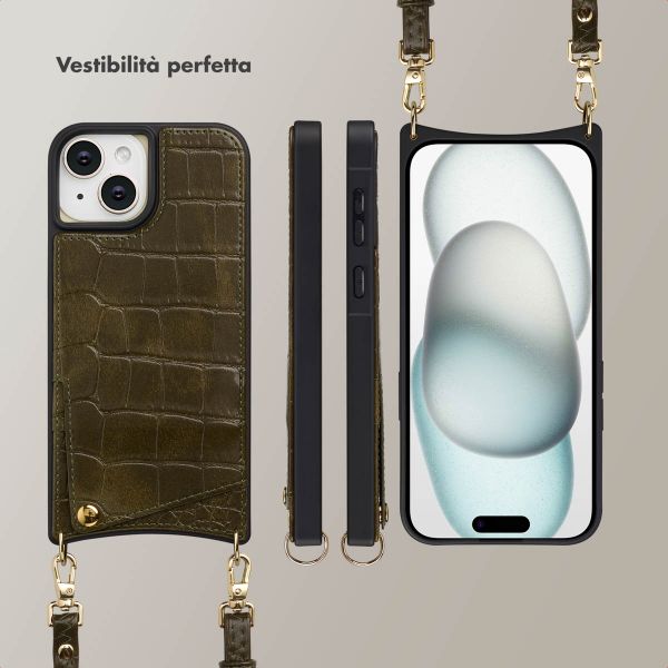 Selencia Cover per telefono Nova Croco con cordino e portacarte Apple iPhone 15 - Dark Olive