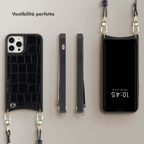 Selencia Cover per telefono Nova Croco con cordino e portacarte Apple iPhone 12 (Pro) - Nero