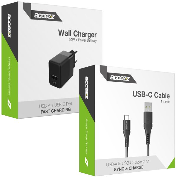 Accezz Caricatore da parete con cavo da USB-C a USB - Caricatore - 20 Watt - 1 metro - Nero