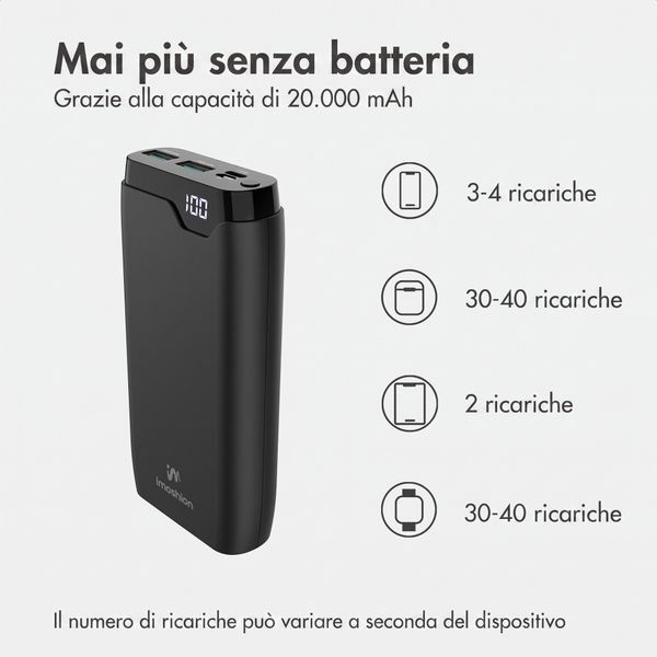 imoshion Powerbank da 20.000 mAh - Caricabatterie rapido da 22,5 W - USB-C / USB-A - Nero