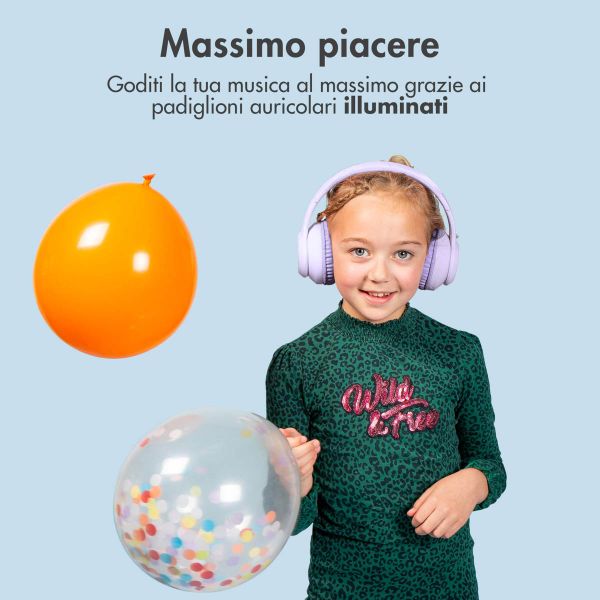 imoshion Cuffie wireless per bambini con LED Light - Limitatore di decibel - Con cavo AUX - Lavender Lilac