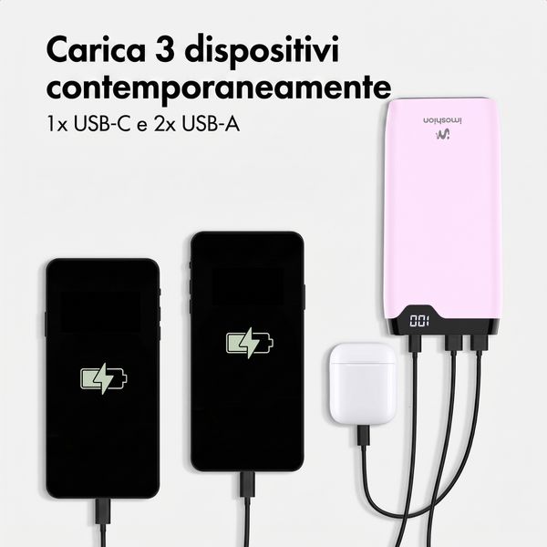imoshion Powerbank da 20.000 mAh - Caricabatterie rapido da 22,5 W - USB-C / USB-A - Rosa