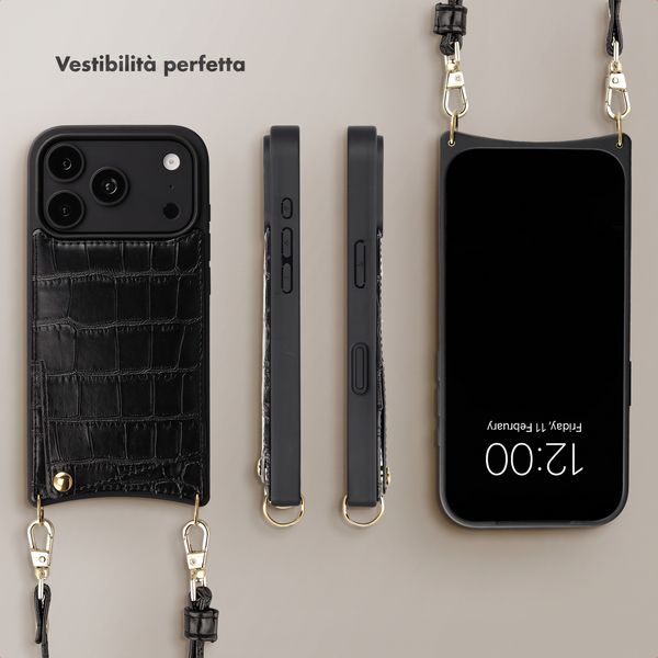 Selencia Cover per telefono Nova Croco con cordino e portacarte Apple iPhone 18 Pro Max / 17 Pro Max - Nero