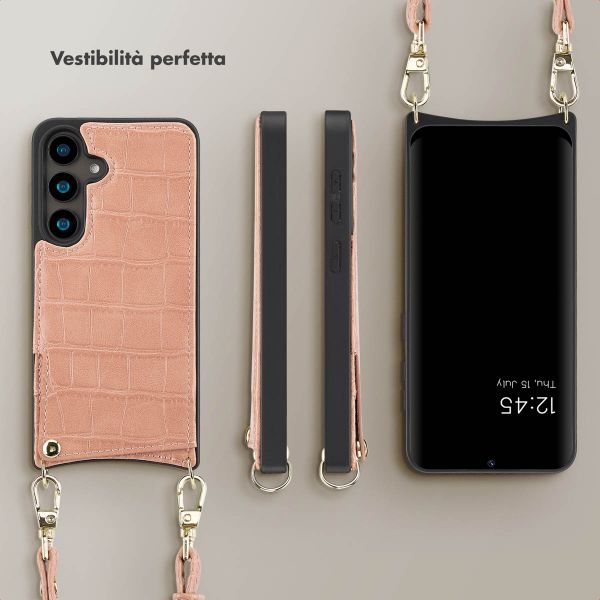 Selencia Cover per telefono Nova Croco con cordino e portacarte Samsung Galaxy S24 - Old Pink