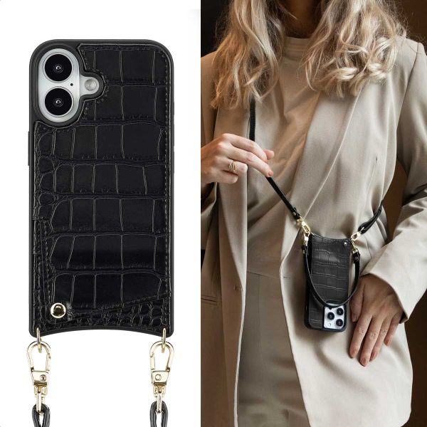 Selencia Cover per telefono Nova Croco con cordino e portacarte Apple iPhone 16 - Nero