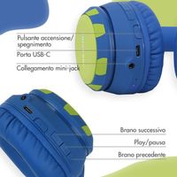 imoshion Cuffie wireless per bambini Dino LED Light - Limitatore di decibel - Con cavo AUX - Cobalt Blue / Lime