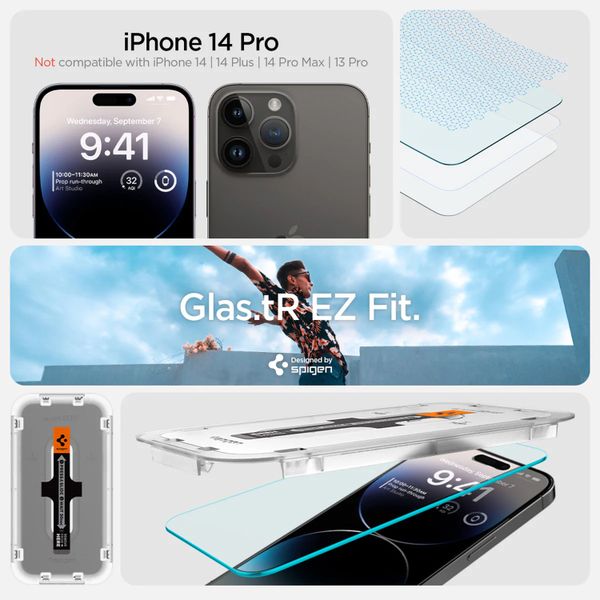 Spigen Vetro temperato GLAStR EZ Fit, confezione da 2 + Applicatore Apple iPhone 14 Pro