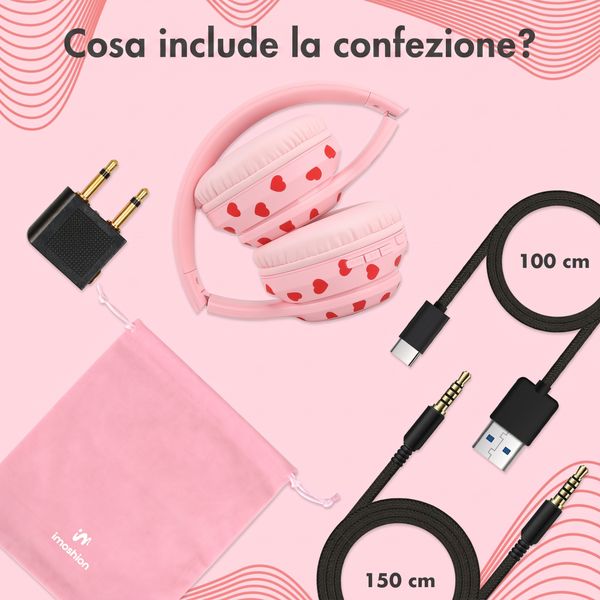 imoshion Cuffie wireless per bambini con LED Light - Limitatore di decibel - Con cavo AUX - Cuoricini