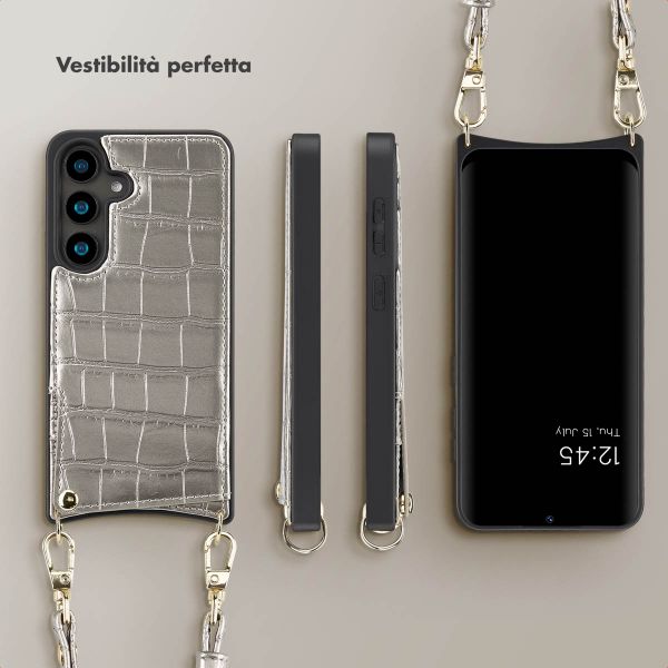 Selencia Cover per telefono Nova Croco con cordino e portacarte Samsung Galaxy S24 - Argento
