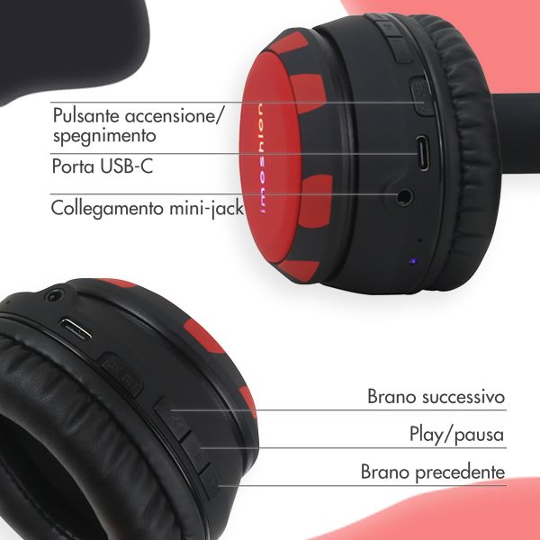 imoshion Cuffie wireless per bambini Dino LED Light - Limitatore di decibel - Con cavo AUX - Black / Red