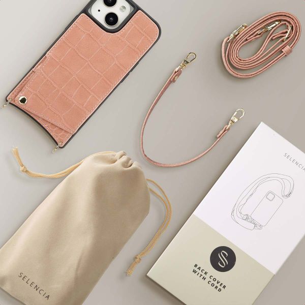 Selencia Cover per telefono Nova Croco con cordino e portacarte Apple iPhone 15 - Old Pink