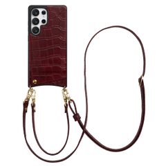 Selencia Cover per telefono Nova Croco con cordino e portacarte Samsung Galaxy S25 Ultra - Burgundy