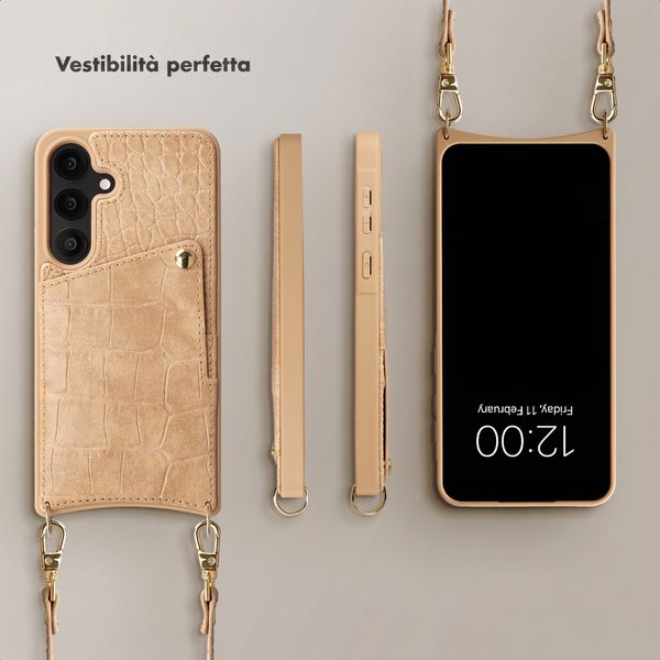 Selencia Cover per telefono Nova Croco con cordino e portacarte Samsung Galaxy S25 / S24 - Toasted Almond