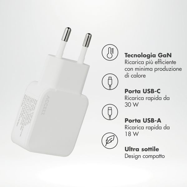 Accezz Caricabatterie GaN Ultra Slim - USB-C + USB-A - 30 W - Bianco