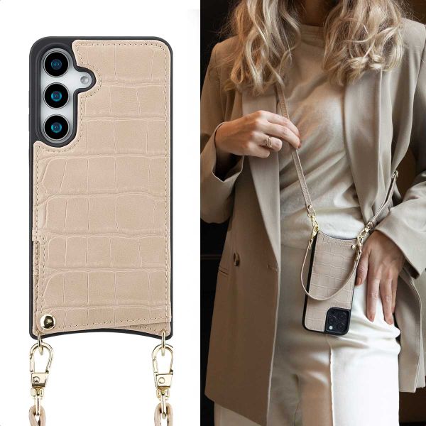 Selencia Cover per telefono Nova Croco con cordino e portacarte Samsung Galaxy S25 - Beige