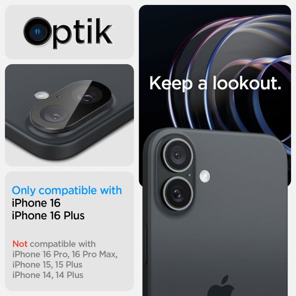 Spigen Optik Lens Protector - Protezione completa della fotocamera (confezione da 2) per Apple iPhone 16 / 16 Plus - Black