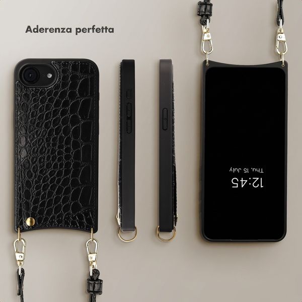 Selencia Cover per telefono Nova Croco con cordino e portacarte Apple iPhone 17e / 16e - Nero