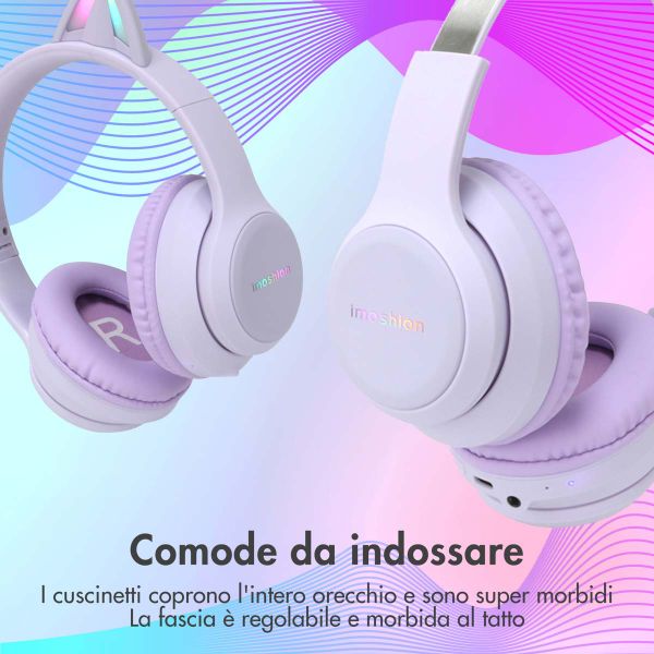 imoshion Cuffie wireless per bambini LED Light Cat Ear - Limitatore di Decibel - Con cavo AUX - Lavender Lilac