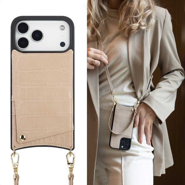 Selencia Cover per telefono Nova Croco con cordino e portacarte Apple iPhone 18 Pro / 17 Pro - Beige