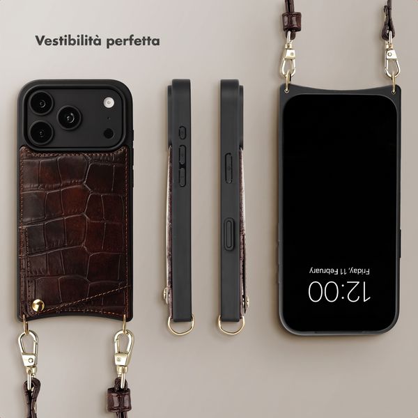 Selencia Cover per telefono Nova Croco con cordino e portacarte Apple iPhone 18 Pro / 17 Pro - Choco Brown