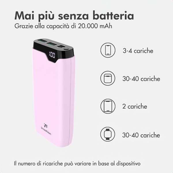 imoshion Powerbank da 20.000 mAh - Caricabatterie rapido da 22,5 W - USB-C / USB-A - Rosa
