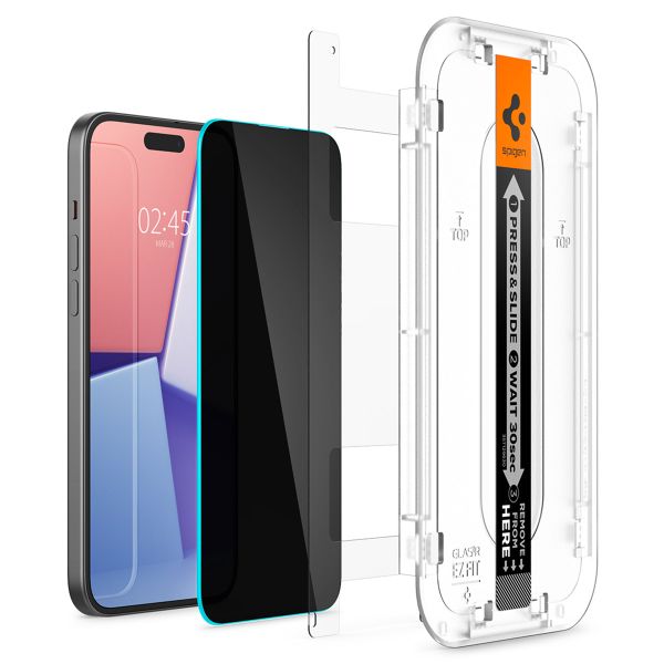 Spigen Vetro temperato privacy GLAStR EZ Fit + Applicatore - confezione da 2 Apple iPhone 16 / 15