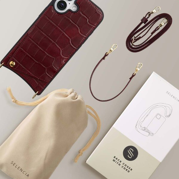 Selencia Cover per telefono Nova Croco con cordino e portacarte Apple iPhone 16 - Burgundy