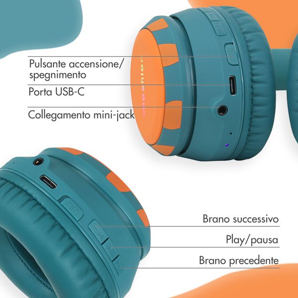 imoshion Cuffie Bluetooth Kids Dino - Cuffie per bambini con limitatore di decibel - Cuffie wireless + cavo AUX - Petrol Green / Orange