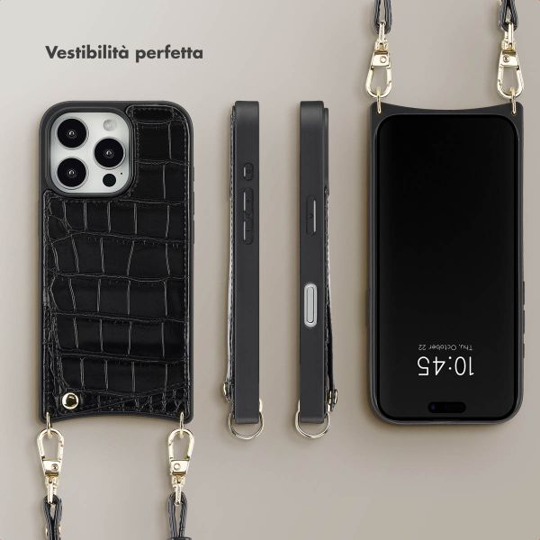 Selencia Cover per telefono Nova Croco con cordino e portacarte Apple iPhone 16 Pro - Nero