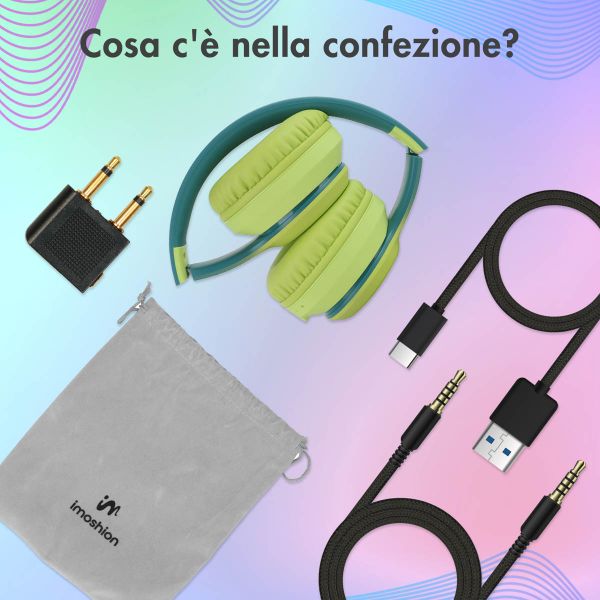 imoshion Cuffie wireless per bambini LED Light - Limitatore di decibel - Con cavo AUX - Petrol Green / Lime