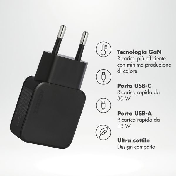 Accezz Caricabatterie GaN Ultra Slim - USB-C + USB-A - 30 W - Nero