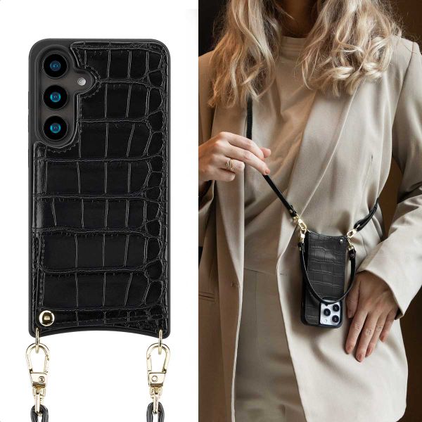 Selencia Cover per telefono Nova Croco con cordino e portacarte Samsung Galaxy S24 - Nero