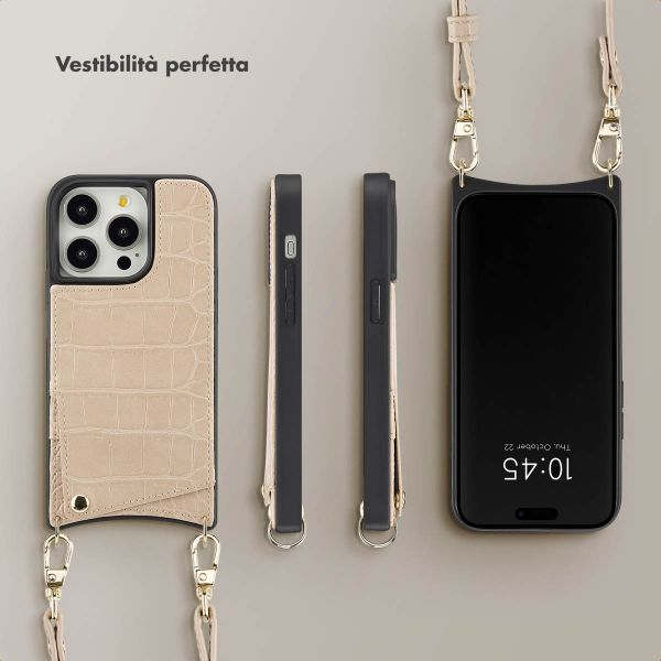 Selencia Cover per telefono Nova Croco con cordino e portacarte Apple iPhone 14 Pro - Beige