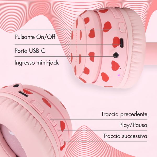 imoshion Cuffie wireless per bambini con LED Light - Limitatore di decibel - Con cavo AUX - Cuoricini